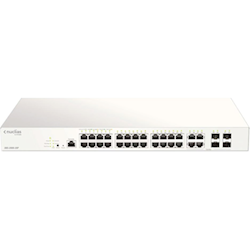 D-Link (DBS-2000-28P) 28-Port Gigabit Nucluas Cloud Managed PoE Switch with 28 RJ45 (24 PoE) and 4 Combo SFP ports. PoE budget 193 Watts.