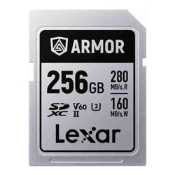 Lexar Professional ARMOR SILVER PRO 256GB SDXC UHS-II Card  up to 280MB/s read, up to 160MB/s write, Stainless steel, Rated IP68, 5-meter drop proof