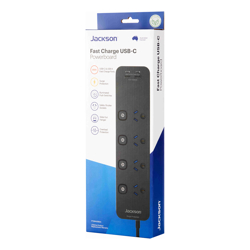 Jackson | PT1814USB3C | 4 Way Individually Switched Power Board w/ 2 x USB A &amp; 2 x USB C Charging Outlets | 1m Lead |  BLACK