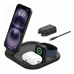 Belkin BoostCharge 3-in-1 Magnetic Foldable Wireless Charger 15W With Qi2 - Black (WIZ029auBK),30W USB-C PS,1.5m USB-C to USB-C Cable,2 Years Warranty
