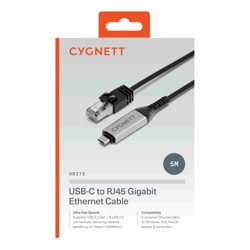 Cygnett Unite USB-C (USB 3.2) To Ethernet Cable Gigabit (CAT 6) ( 5m) - Black(CY5506PCCCE), Works with MacBook/Windows PC/Laptops, 2 Years Warranty
