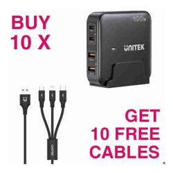 KIT - BUY 10 x Unitek PD100W 4-in-1 GaN Desktop Charging Stations + 10 x FREE Unitek 1.2m 3-in-1 USB-A to USB-C/microUSB/Lightning Cables (Black)
