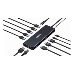 Volans VL-UCH2P(V2), Aluminum 13-in-1 Triple Display USB-C Hub with 100W PD, ABS dock with 2 HDMI2.0 (4K@60/30Hz), DP1.4 4K@60Hz, 4 USBA (3x5Gb/s, 1x10Gb/s), 2 USBC (100W PD, 10Gb/s), 2 USB2.0, 3.5mm 
