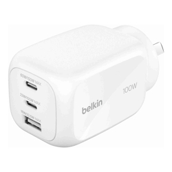Belkin BoostCharge Pro 100W 3-Port GaN Wall Charger - White (WCH016AUWH), 2x USB-C, 1x USB-A, Compact Laptop Charger, $2500 CEW , 2 Years Warranty