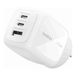Belkin BoostCharge Pro 70W 3-Port GaN Wall Charger - White (WCH018AUWH), Compact  Powerful, Laptop Charger, Travel-Ready, $2500 CEW,2 Years Warranty