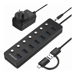 Simplecom CH375C USB-A and USB-C to 7-Port USB 3.0 Hub 5Gbps Individual Switches and Power Adapter