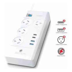 Sansai 4 Way Powerboard 4 Outlet 2xUSB-A 2xUSB-C Charging Ports Ports 10A 240V Individually Switched 2 extra spaced sockets 1M Length