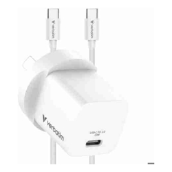 Verbatim Mini GaN 20W USB-C Charger, PD 3.0, PPS, QC 3.0, with 1m USB-C to USB-C Cable (60W, USB 2.0), AU Plug, White, OCP/OVP/SCP/OTP Protection