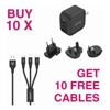 KIT- BUY 10 x Unitek PD66W GaN 3-Port Travel Chargers (Black) + 10 x FREE Unitek 1.2m 3-in-1 USB-A to USB-C/microUSB/Lightning Cables (Black)