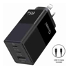 Oxhorn 65W GaN Type C fast Charger 3 Port 2xUSB-C 1xUSB-A PD3.0 QC4.0 PPS AUS Approved C-tick Black with 1m cable